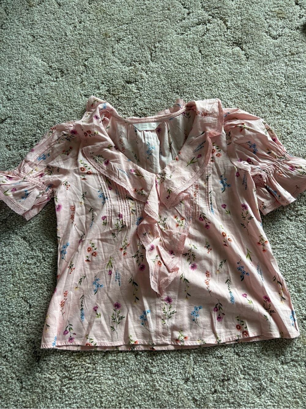 LC Lauren Conrad Blush Pink Floral Ruffle V-Neck Blouse - Picture 3 of 5